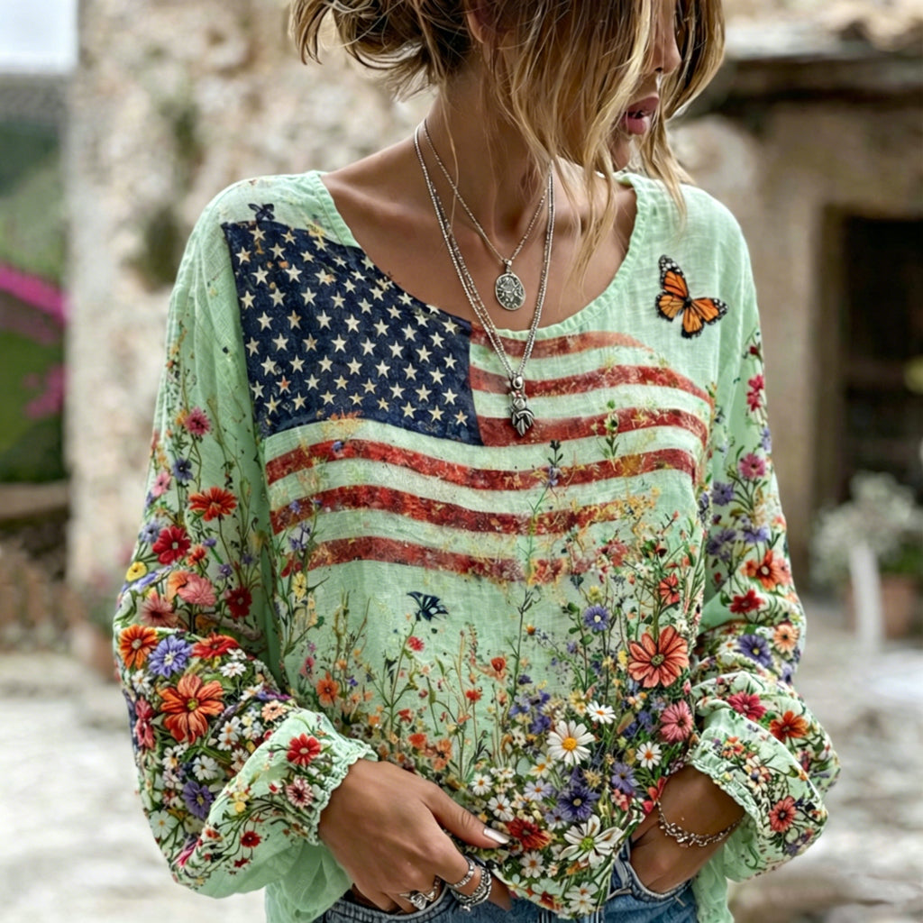 Women's Independent Flag Floral Print Crew Neck Linen Blend T-shirt