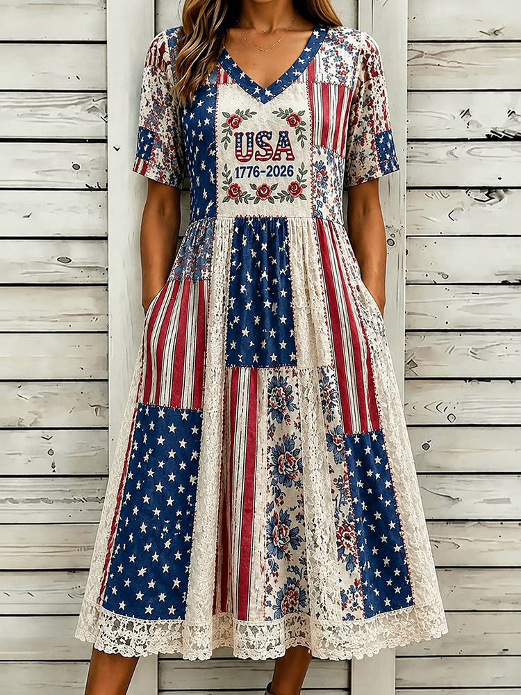 Women's American Floral Contrast Print Patchwork Casual Dress