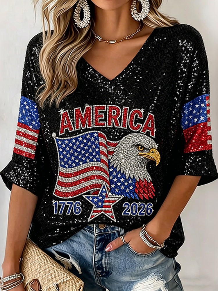 Women's Retro Usa Independent Pattern Casual T-shirt