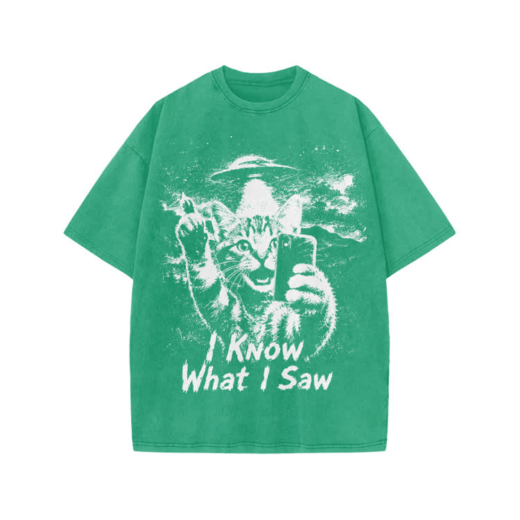 Casual I Know What I Saw Cat UFO Graphic Washed T-Shirt