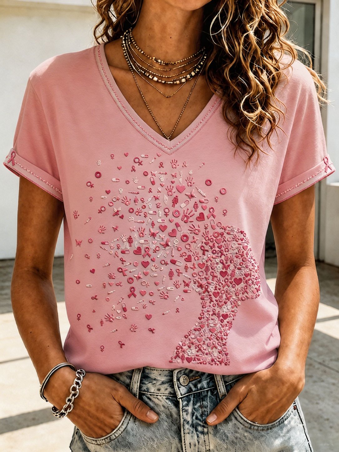 Women's Casual Retro  Floral Print Top (Breast Cancer Awareness)