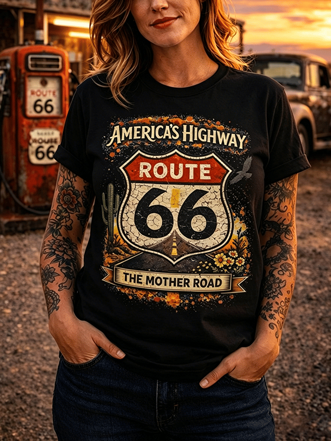 Women's Retro Short-Sleeve T-Shirt - Route 66, the Mother Road