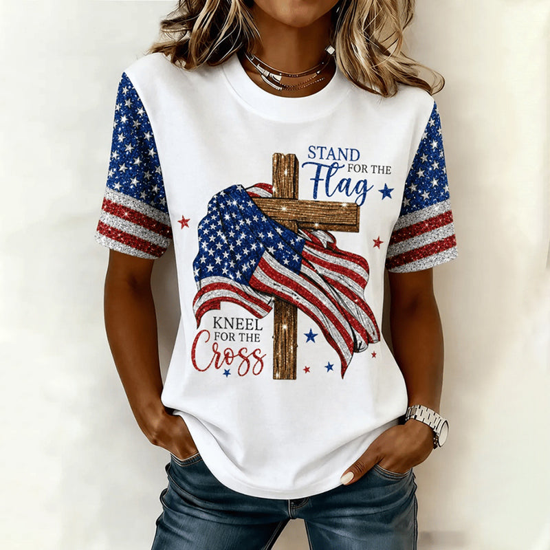 Women's Independence Day Faith Flag Print Crew Neck Short Sleeve T-shirt