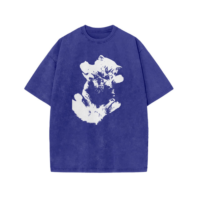 Lazy Cute Cat Print Acid Washed T-shirt