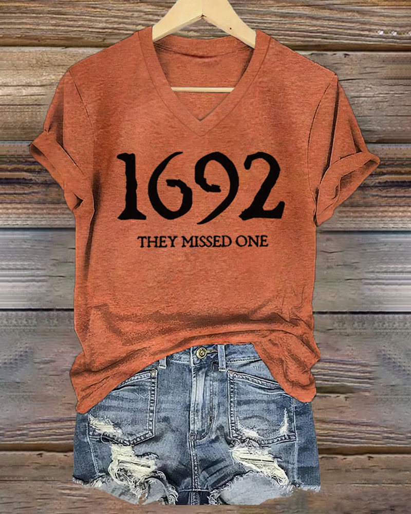 Women's 1692 They Missed One Salem Witch Print V Neck Short Sleeve Tshirt