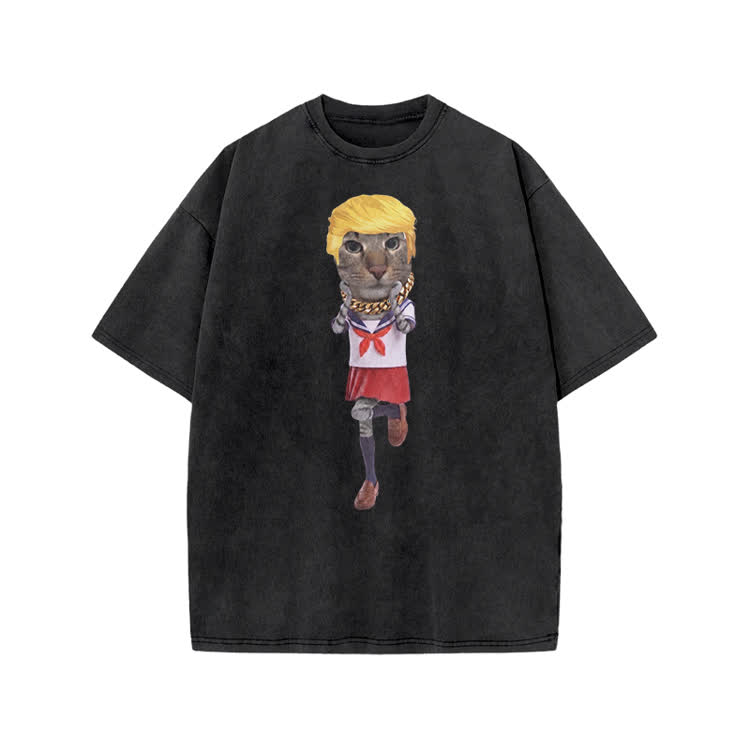 Playful Cartoon Cat Graphic Print Acid Washed T-shirt