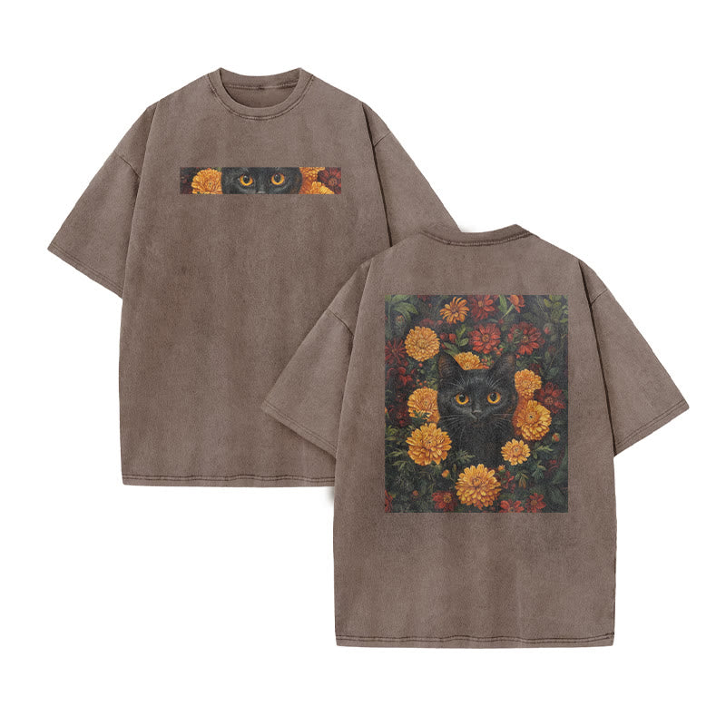A Black Cat In A Field Of Chrysanthemums Print Acid Washed T-shirt
