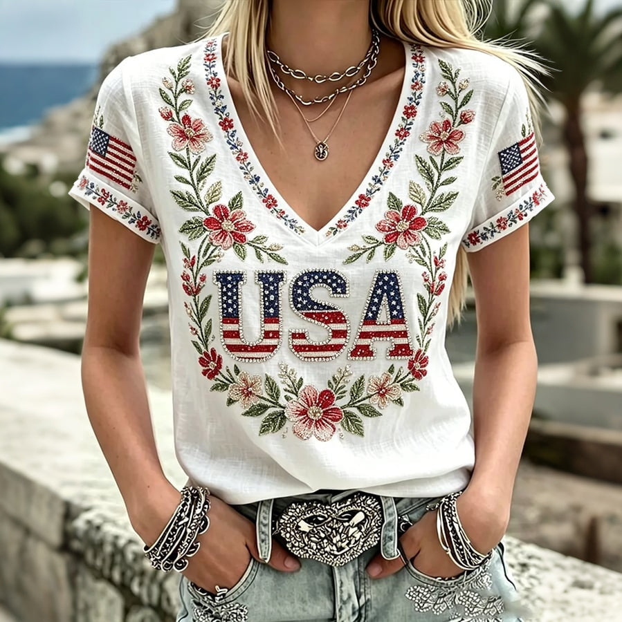 Women's Vintage Anniversary Flower Art Print V Neck Linen Blend Casual T-shirt