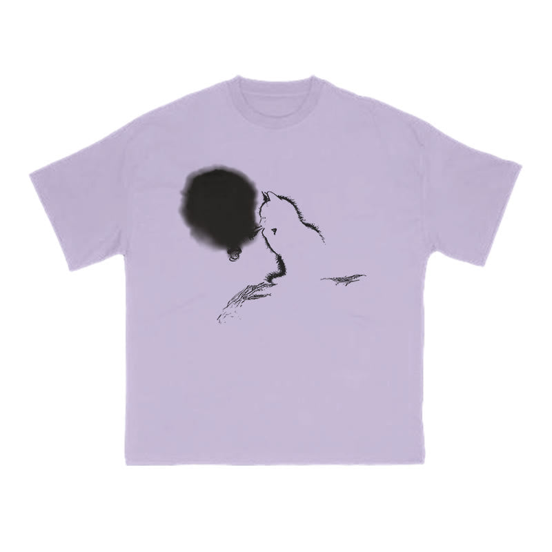 Smoking Cat Full Moon Silhouette Print T-shirt