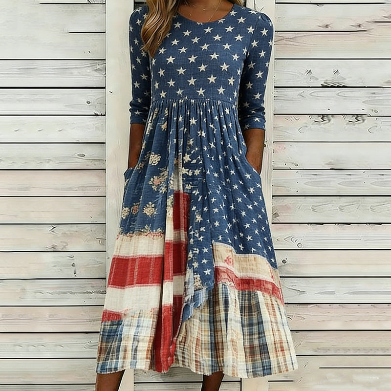 Women's Retro July 14th Commemorative Print Casual Crew Neck Dress