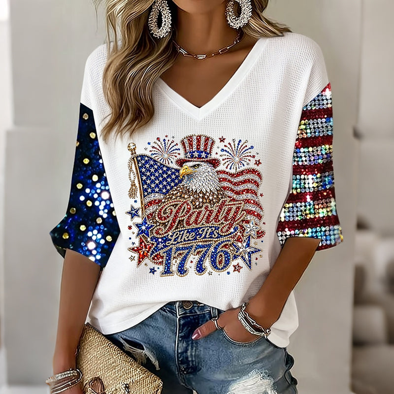 Women's Retro Independence Day Flag And Eagle Three-quarter Sleeve V Neck Linen Tops