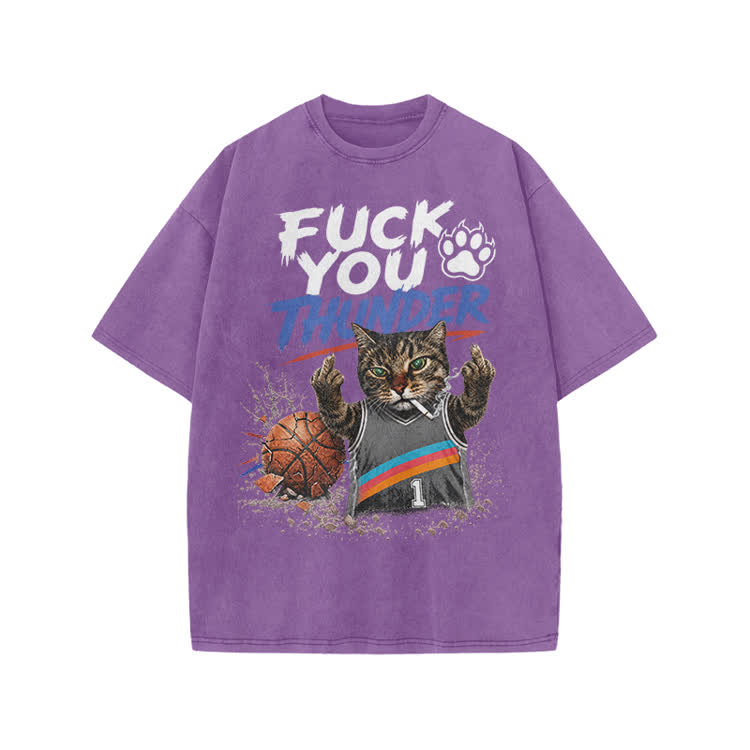 Vintage Cat Basketball Graphic Print Acid Washed T-shirt