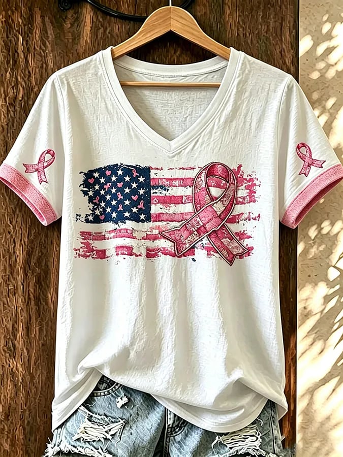 Women's American Flag Pink Ribbon Print V Neck T-shirt