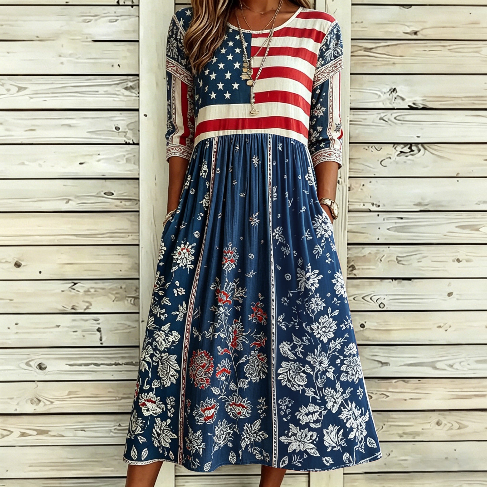 Women's Independence Day Flag And Floral Art Print Cotton Linen Casual Maxi Dress
