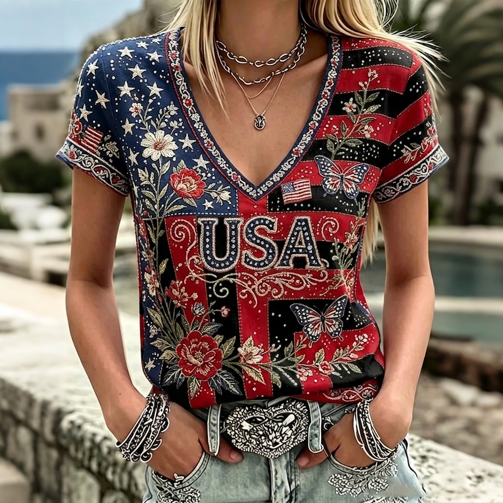 Women's Vintage Anniversary Flag Flower Art Print V Neck Linen Blend T-shirt