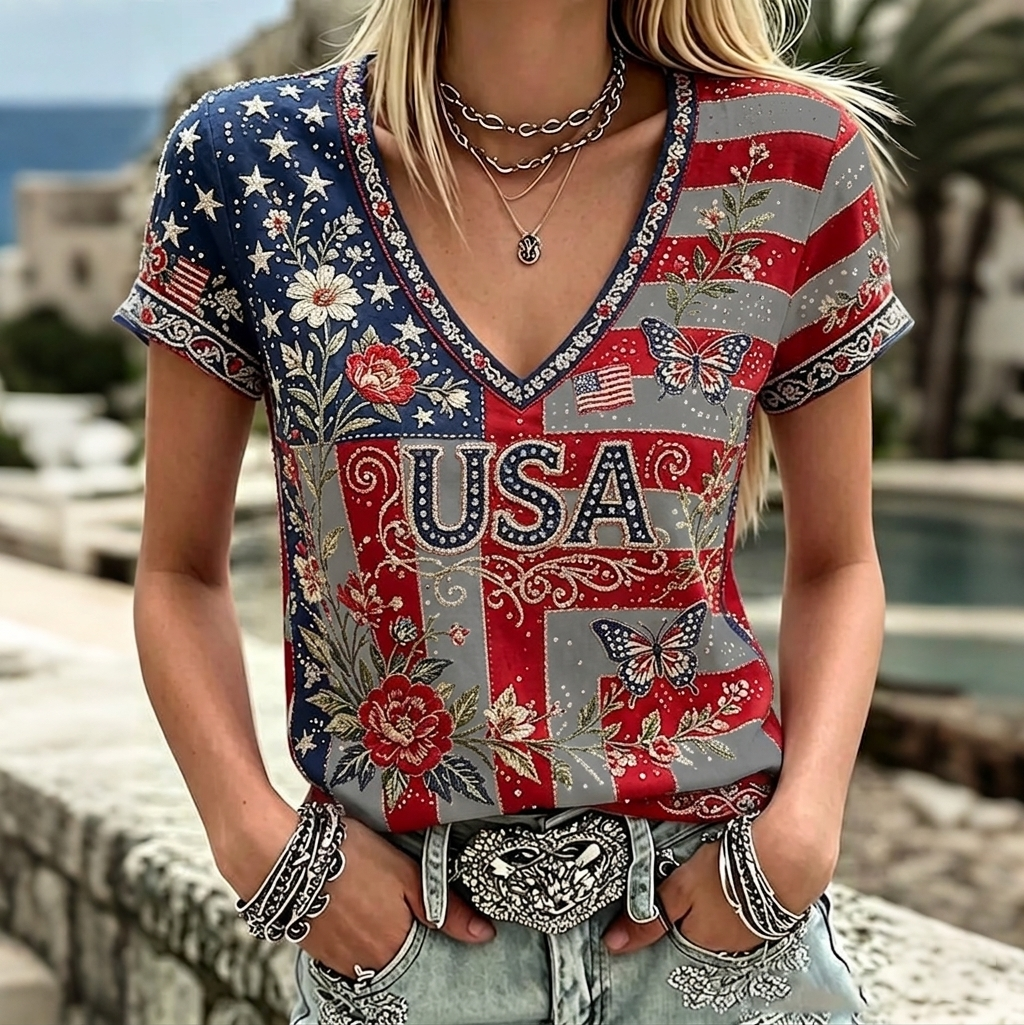 Women's Vintage Anniversary Flag Flower Art Print V Neck Linen Blend T-shirt