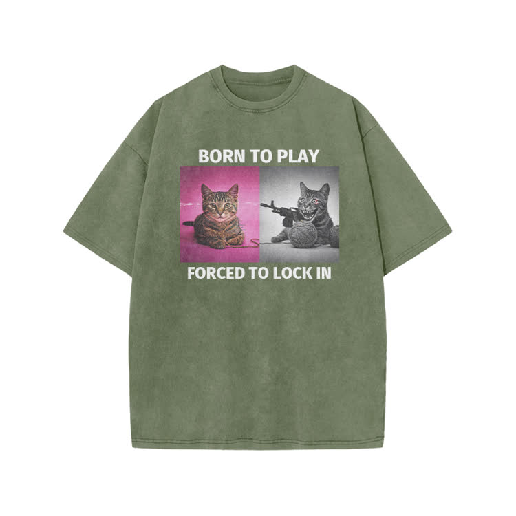 Casual Born to Play Cat Graphic Print Acid Washed T-shirt