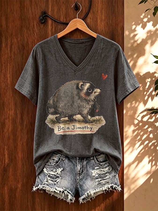 V-Neck Retro Jimothy Raccoon Be A Jimothy Print T-Shirt