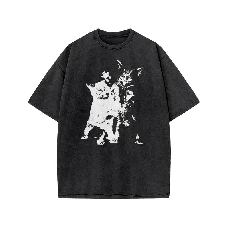 Fighting Kittens Print Acid Washed T-shirt