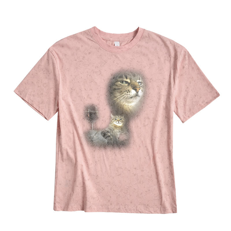 Cat And Wine Print Tie-dye T-shirt