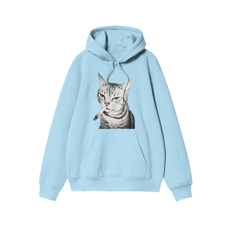 Tabby Cat With A Cigarette In Its Mouth Print Causal Hoodie