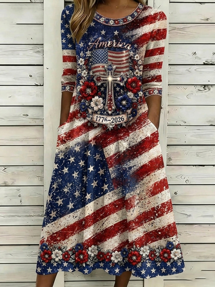 Women's Vintage Independence Day Flag Flower Art Crew Neck Midi Dress