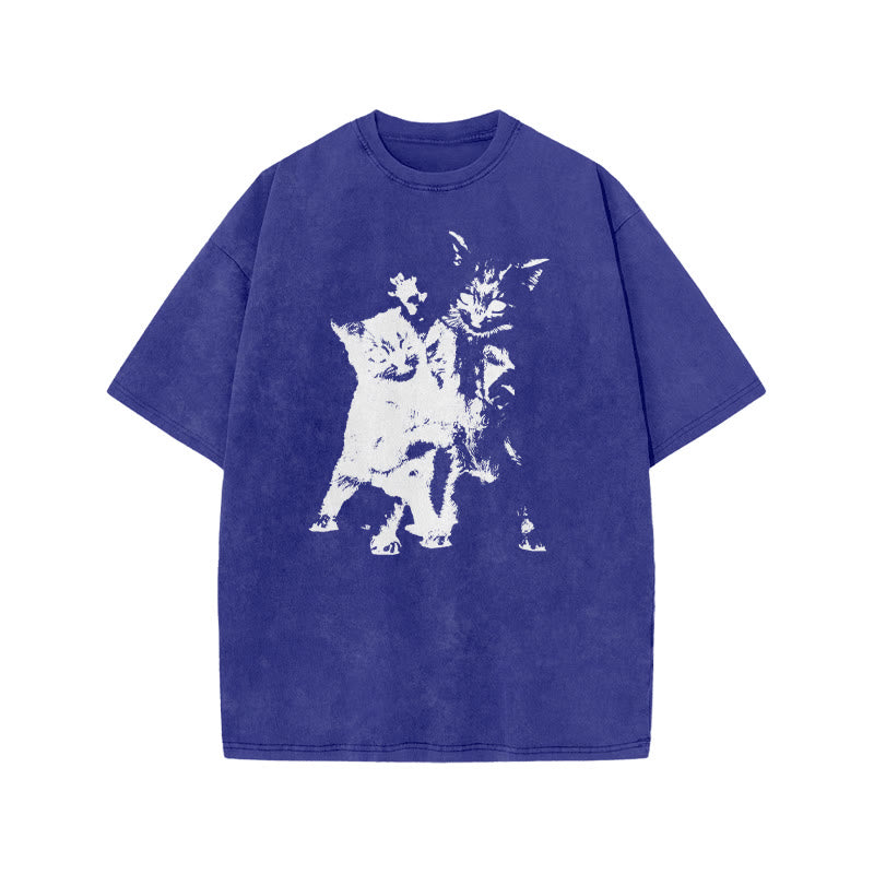 Fighting Kittens Print Acid Washed T-shirt