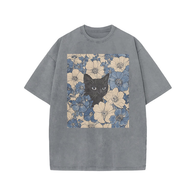 Black Cat In A Patchwork Flower Field Front Print Acid Washed T-shirt