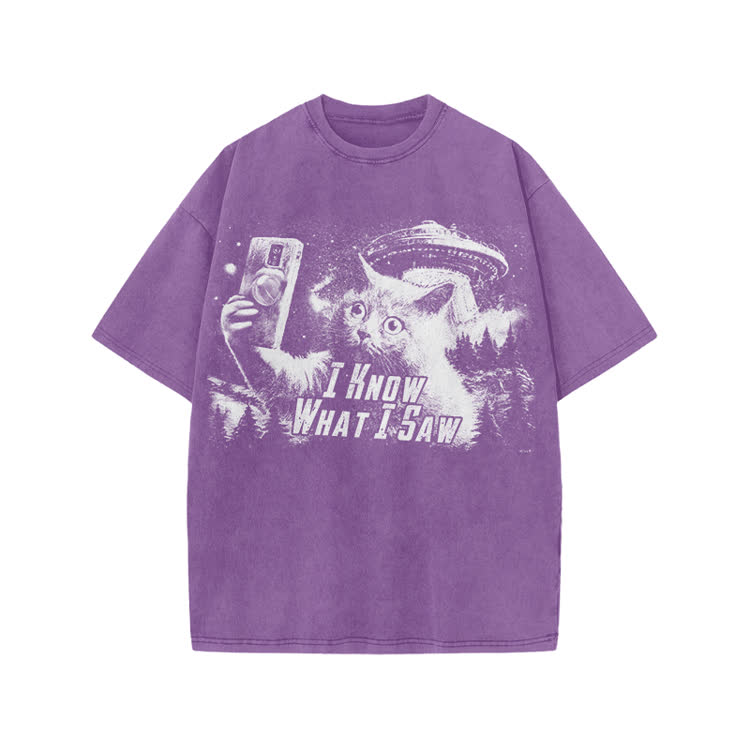 Vintage Sci Fi Novelty Alien Cat Graphic Washed T-Shirt