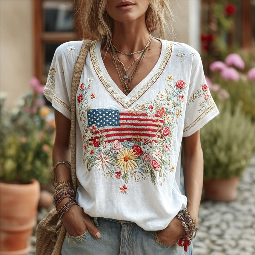 Women's Retro Independence Day Flag Floral Embroidery Cotton Linen T-shirt