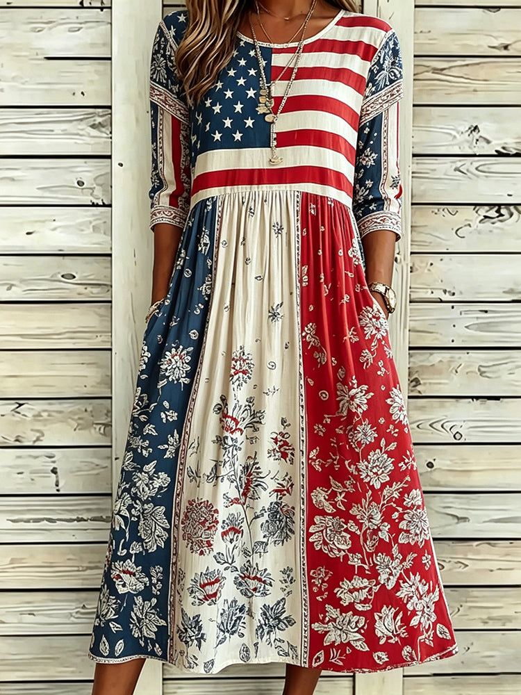 Women's Independence Day Flag And Floral Art Print Cotton Linen Casual Maxi Dress