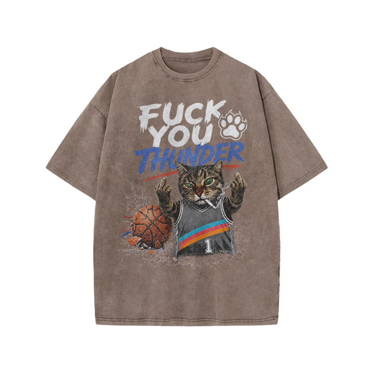 Vintage Cat Basketball Graphic Print Acid Washed T-shirt