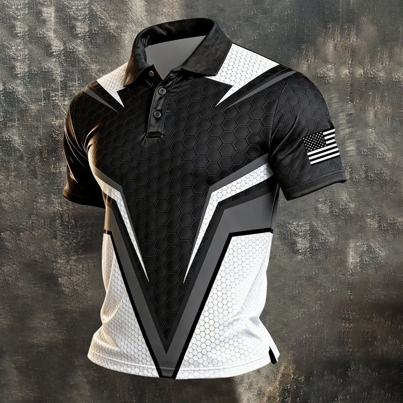 Men's Vintage Patriotic Color Block Geometric Short Sleeve Polo Shirt