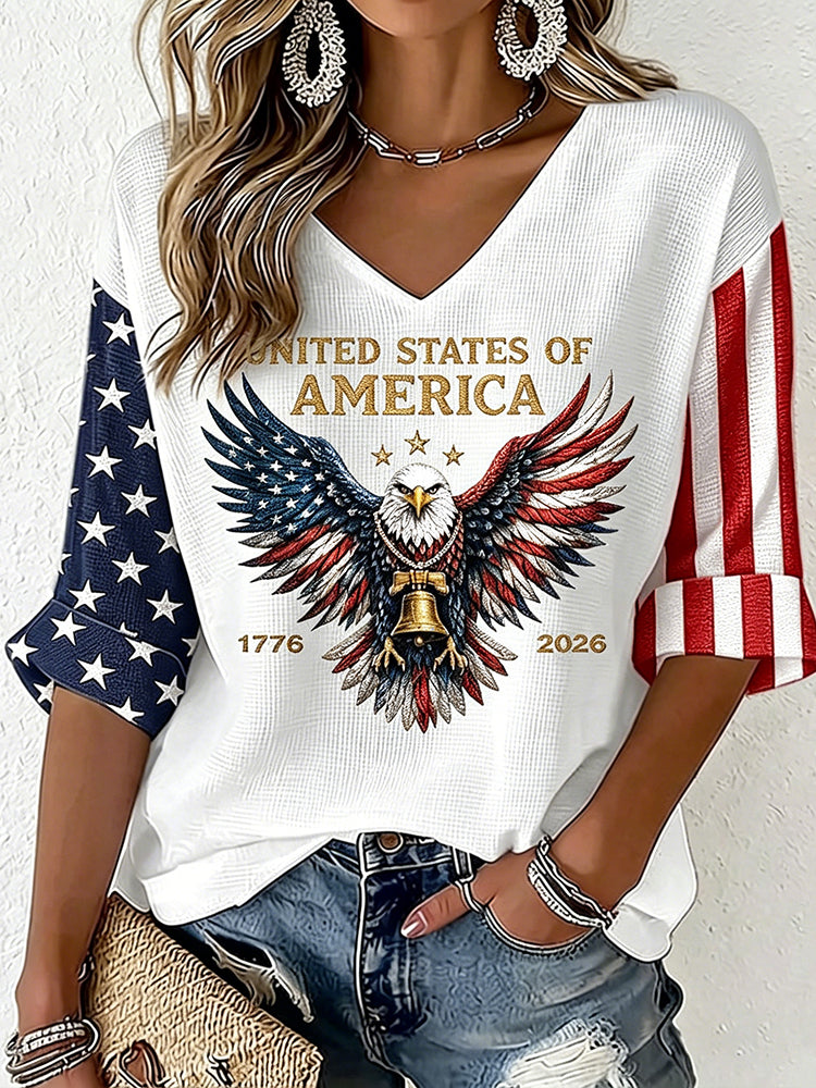 Women's Vintage Flag Art Three-quarter Sleeve V Neck Linen Tops