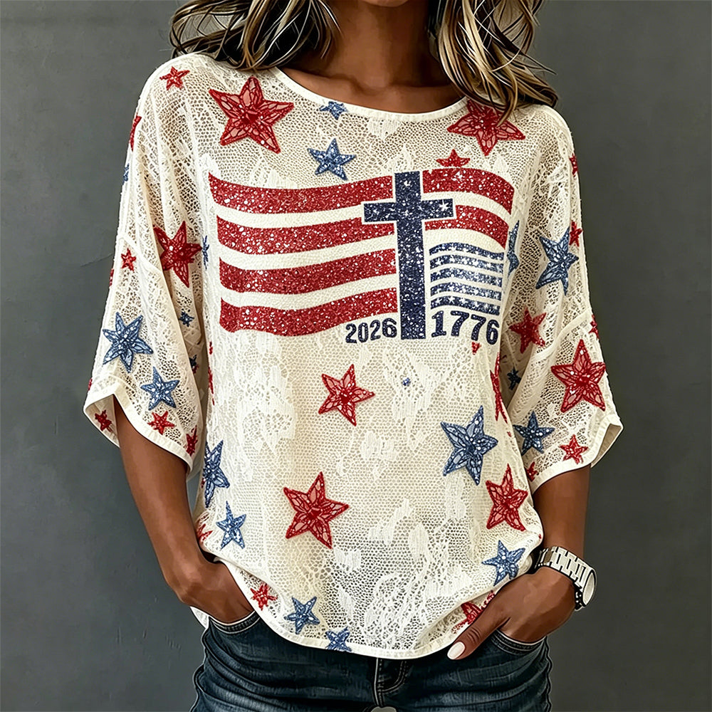 Vintage American Flag Inspired Stars Lace Linen T Shirt