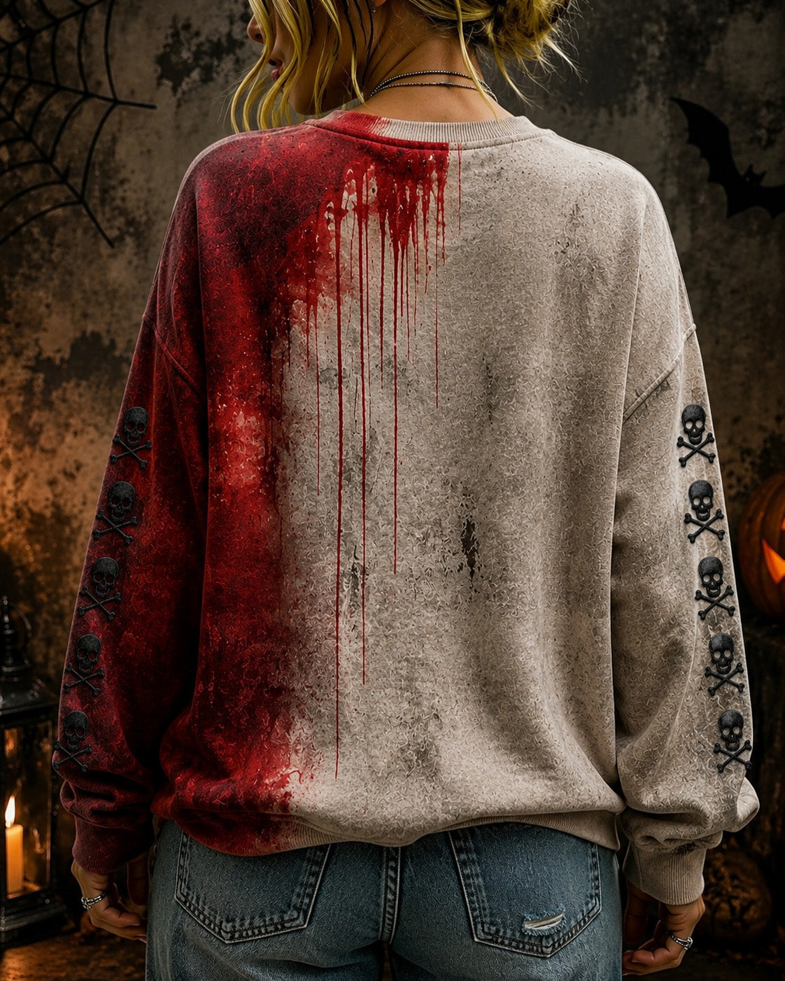 Blood I'm Fine Halloween Printed  Round Neck Sweatshirt