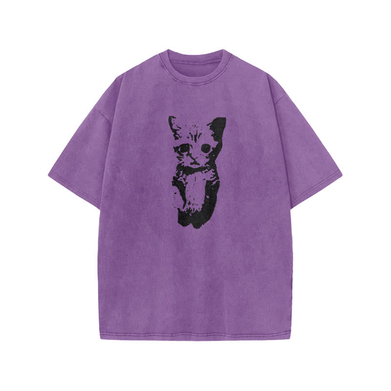 Unisex Cute Cat Print Acid Washed T-shirt