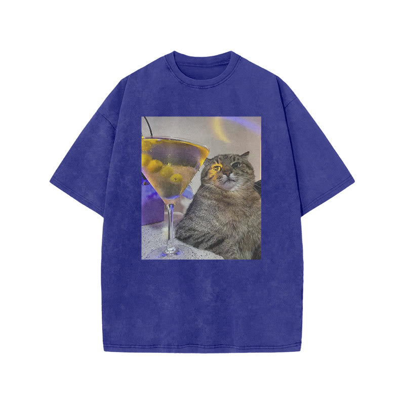 Tipsy Cat & Cocktail Print Acid Washed T-shirt