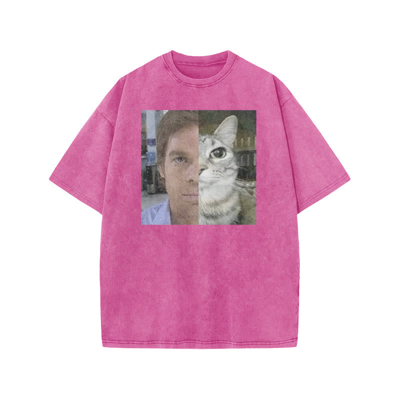 Unisex Patchwork Cat Print Acid Washed T-shirt