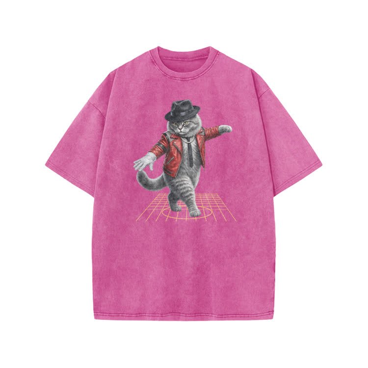 Vintage Dancing Cat Graphic Print Acid Washed T-shirt