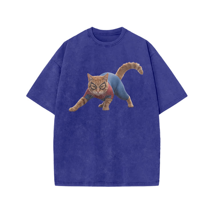 Vintage Hero Cat Graphic Print Acid Washed T-shirt