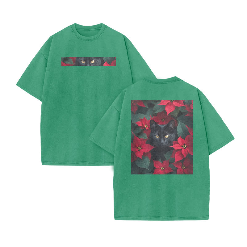 A Black Cat In A Field Of Christmas Flowers Print Acid Washed T-shirt