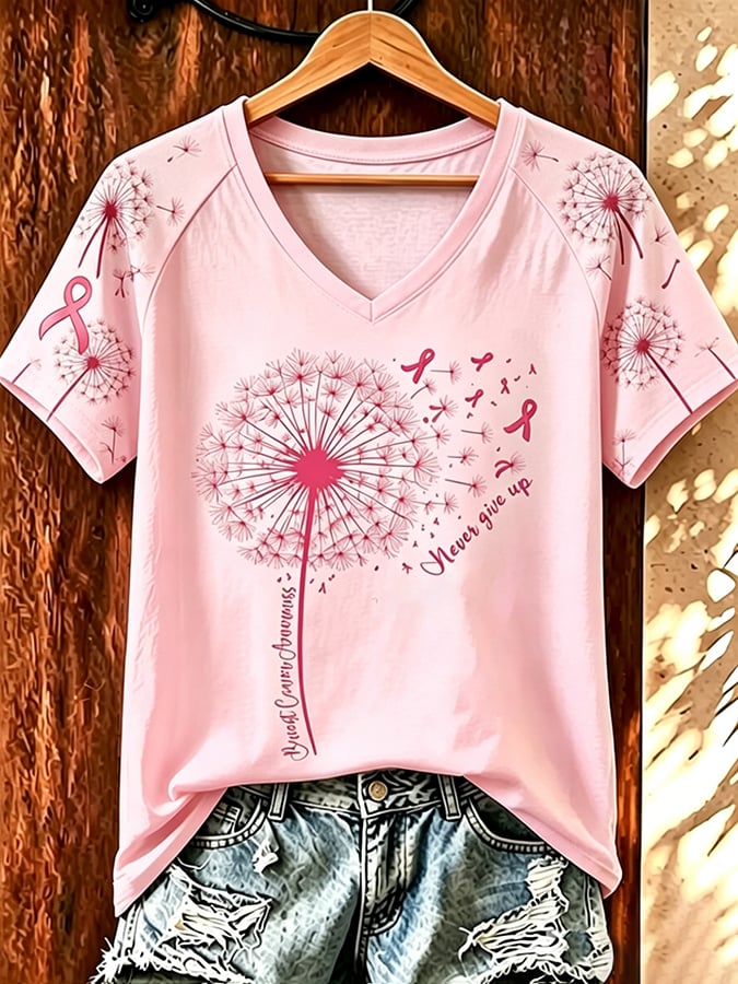 Women's Retro Flower Breast Cancer Awareness Printed T-Shirt