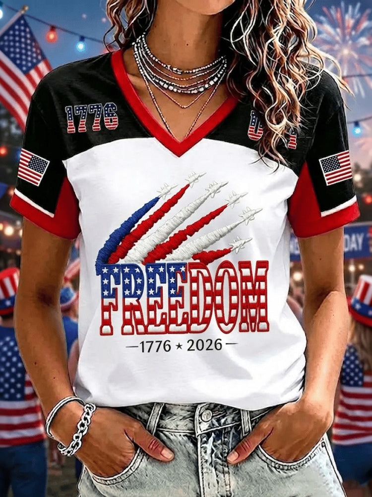 Women's Independence Day Print V-neck Short Sleeve Casual T-shirt