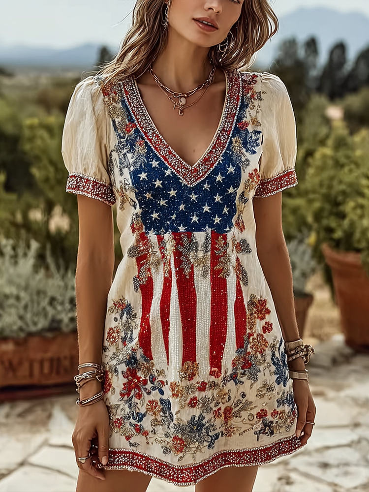 Vintage American Flag Element Casual Linen Dress