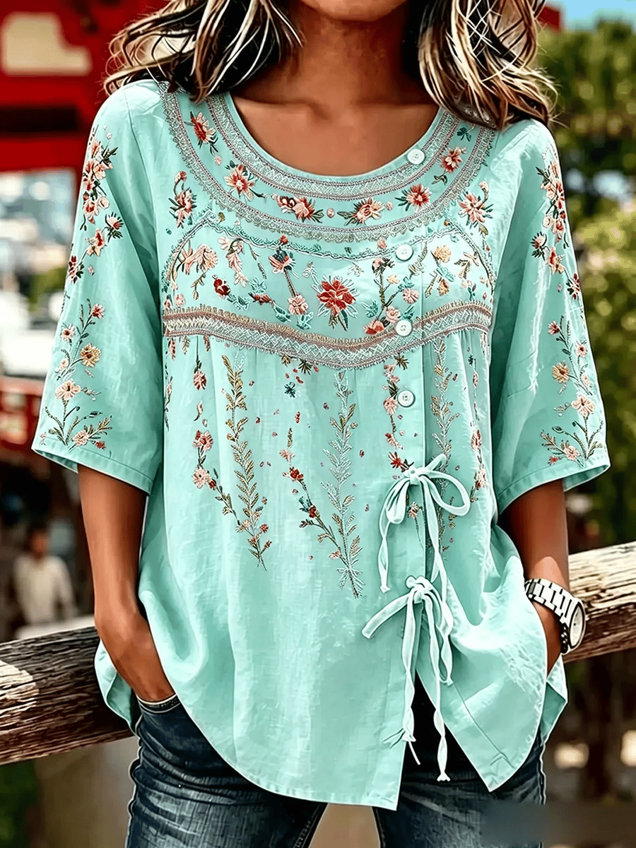 Women's  Retro Breast Cancer Floral Print Button Lace Up Tie Shirt