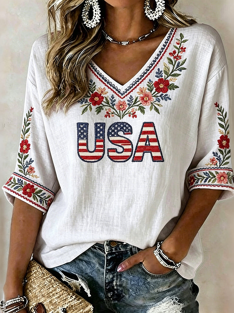 Women's Vintage Usa Anniversary Floral Art Casual V Neck T Shirt