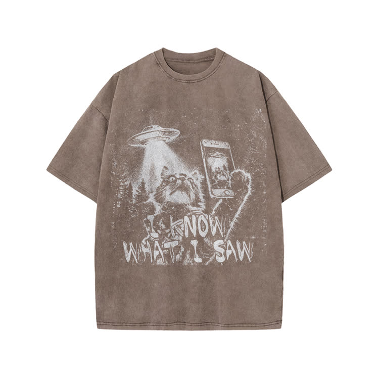 Vintage UFO Cat  I Know What I Saw Graphic Washed T-Shirt