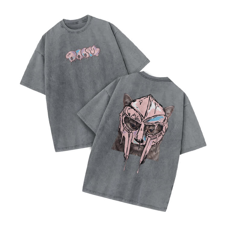 Washed Graffiti Cat Mask Graphic Print Acid Washed T-shirt