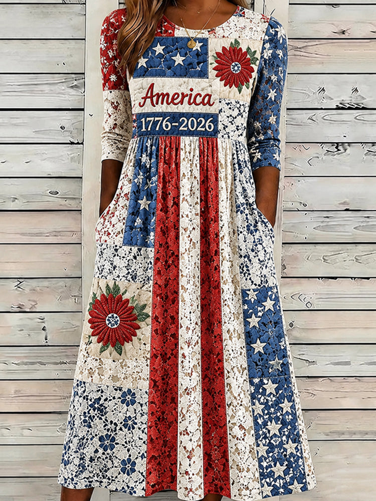 Women's American Floral Contrast Lace Print Patchwork Dress
